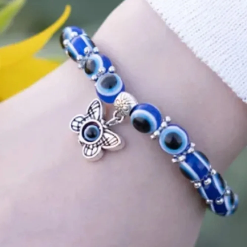 NWT Bright Blue Black Beaded Butterfly Lucky Bracelet Meditation - Picture 2 of 8